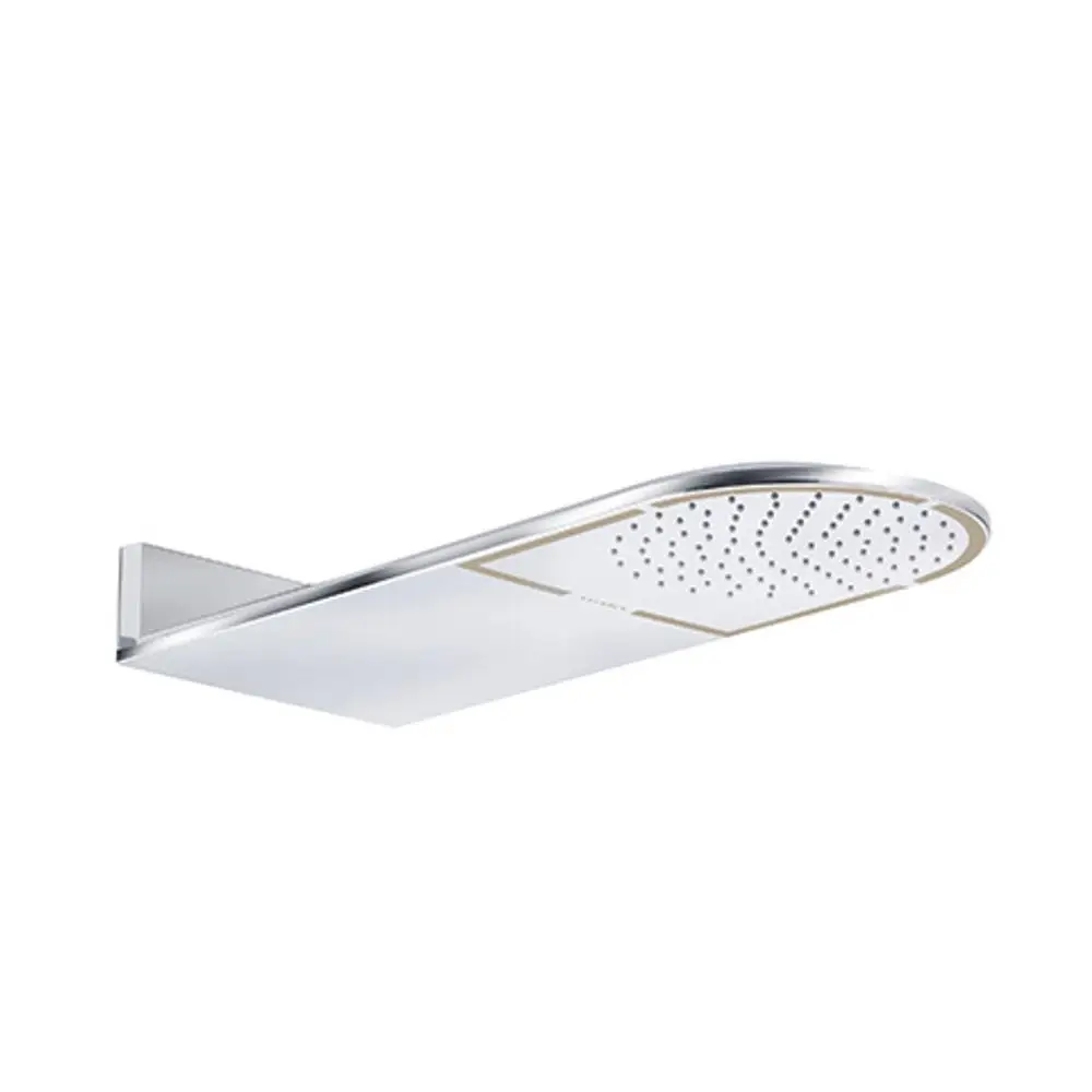 Kopfbrause von Kludi mit abgerundeter Form und glatter Chromoberfläche, montiert an einer Wandhalterung. Das Design zeigt eine gleichmäßige Anordnung von Wasserlöchern.